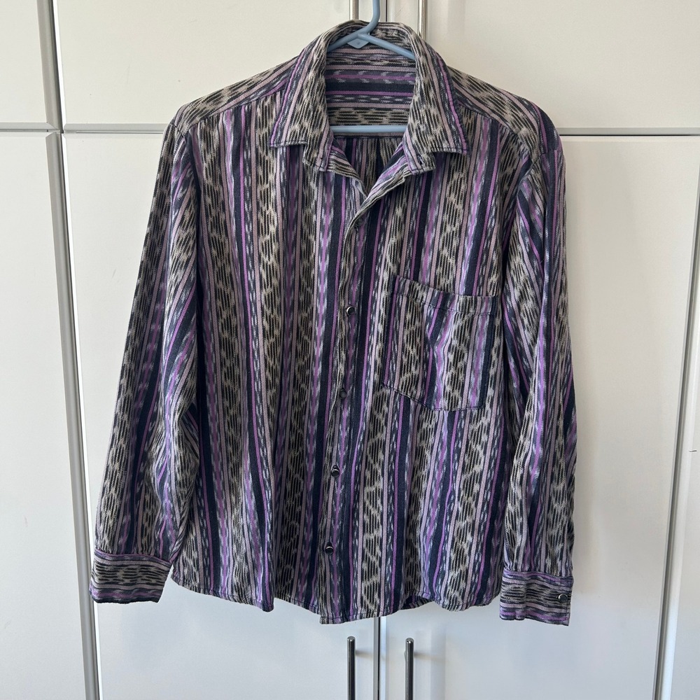 Vintage Style Ikat Stripe Button Down Shirt Purple Grey Black Long Sleeve Large